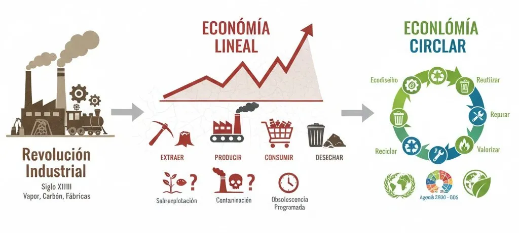Línea temporal mostrando la evolución desde la Revolución Industrial → Economía Lineal → Economía Circular